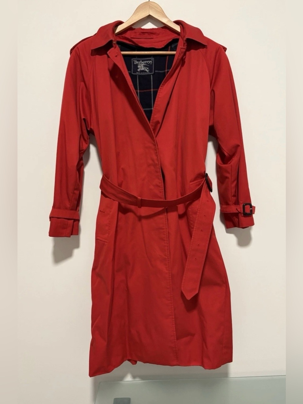 Vintage Burberrys Red Trench Coat Made in England Belted Hooded Nova Check Lined